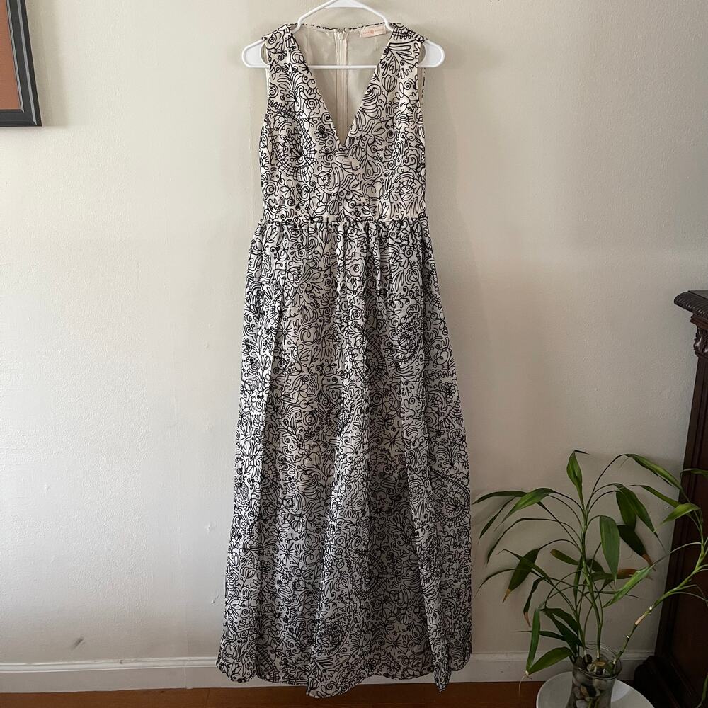 Tory Burch Organza Silk Dress 6 Womens Cream Black Floral Gown Pleated